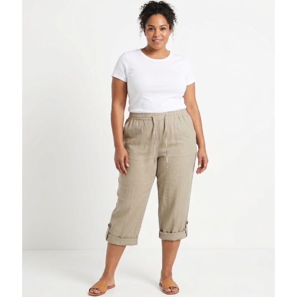 Lord & Taylor Gray Tan 100% Linen Straight Leg Pull-on Crop Pants 3X Comfy